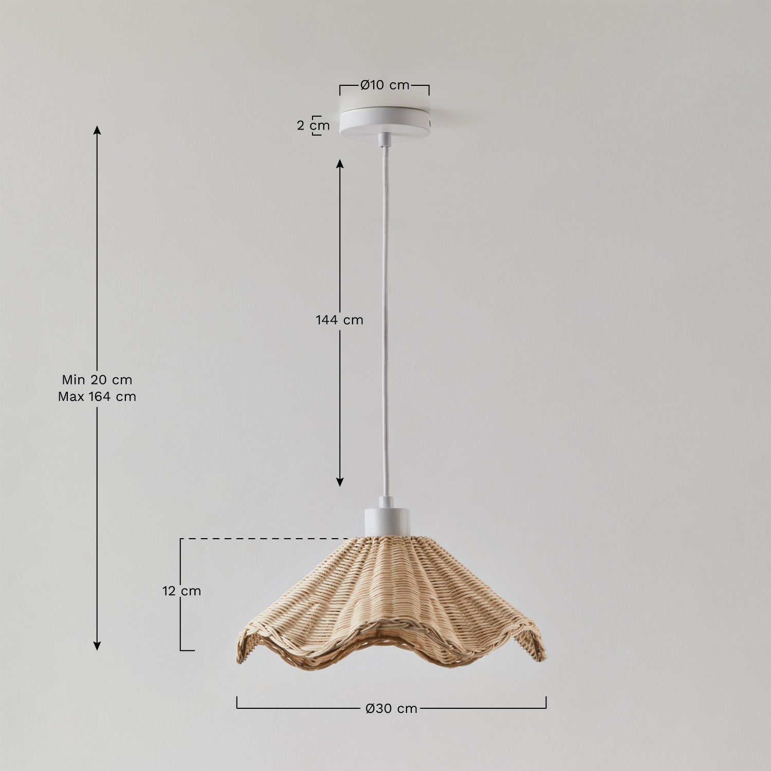 Heulyn hanglamp van rotan, AFMETINGEN