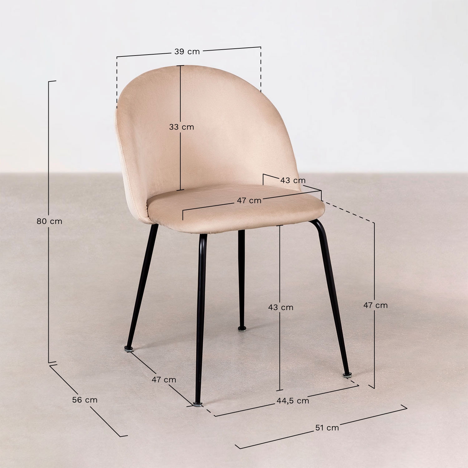 Kana Design gestoffeerde eetkamerstoel van staal, AFMETINGEN