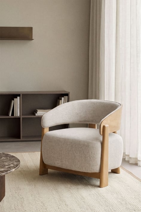 Fauteuil van bekleed eikenhout Olea - Bouclé Crèmebeige
