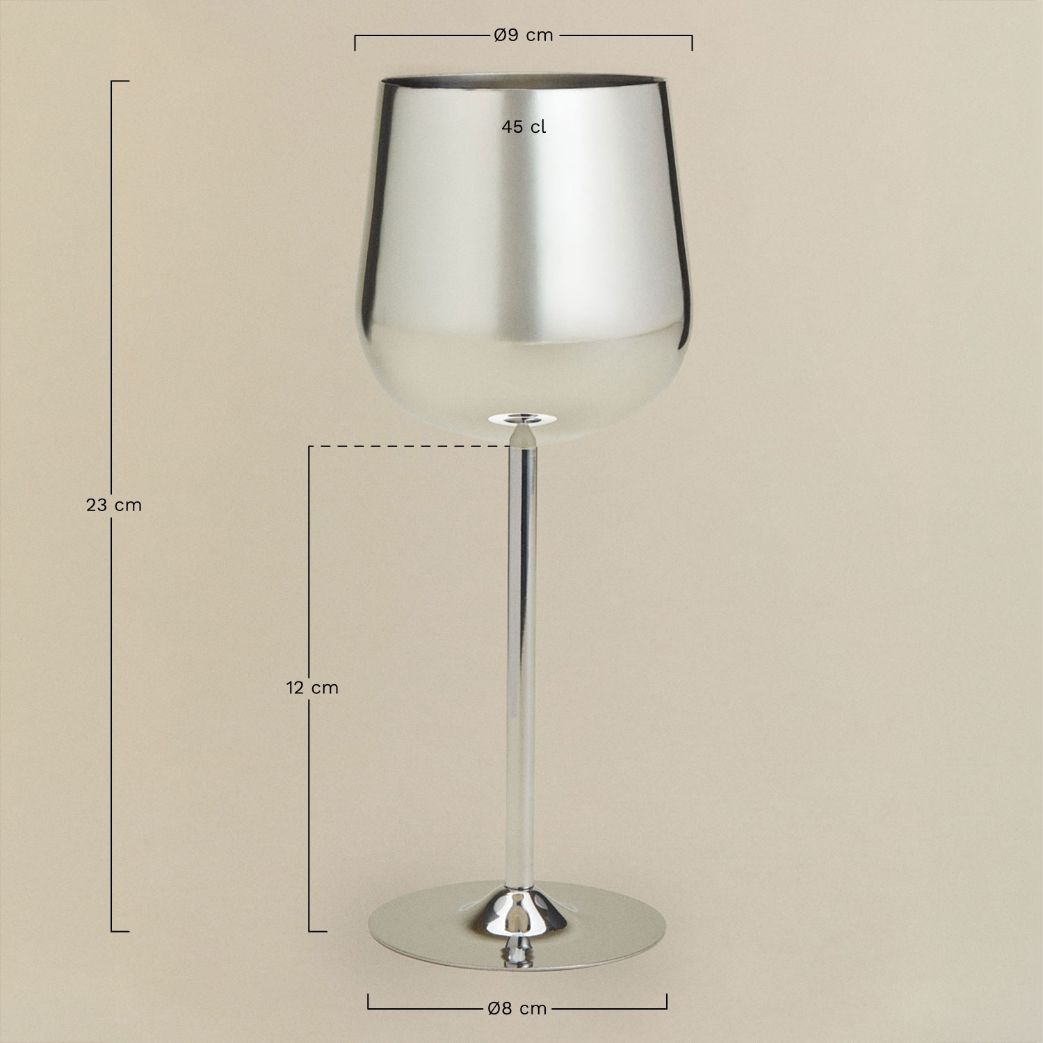 Pack van 2 wijnglazen 45 cl van roestvrij staal Vinirla, AFMETINGEN