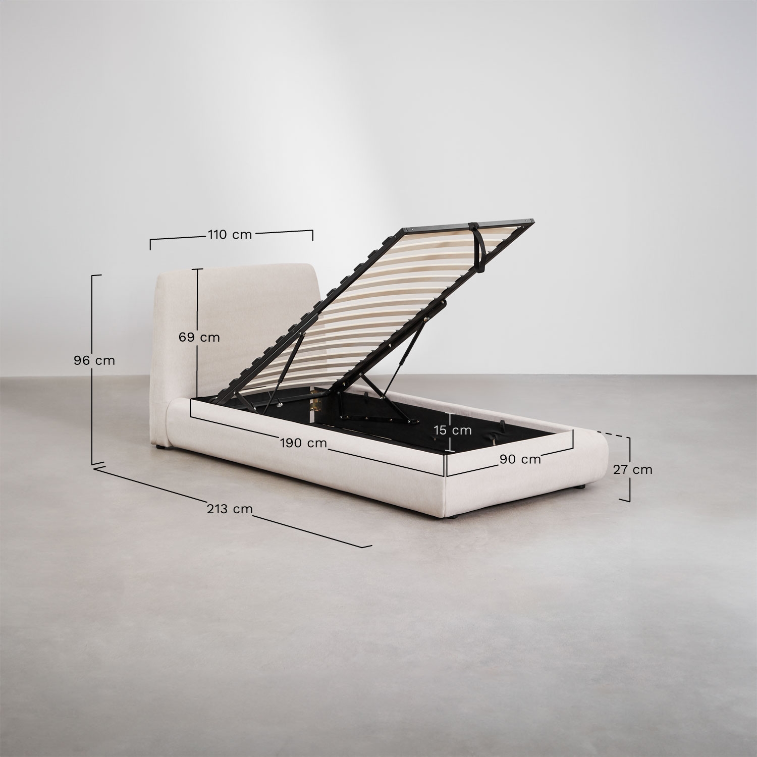Bed met opklapbare boxspring Norena, AFMETINGEN