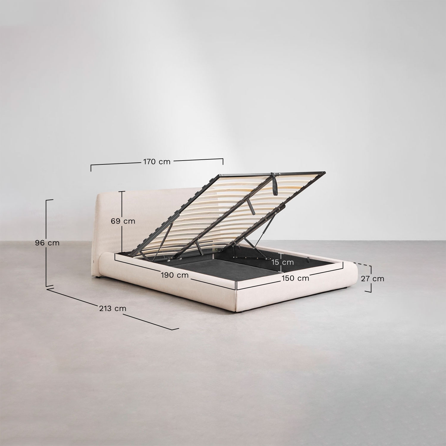 Bed met opklapbare boxspring Norena, AFMETINGEN