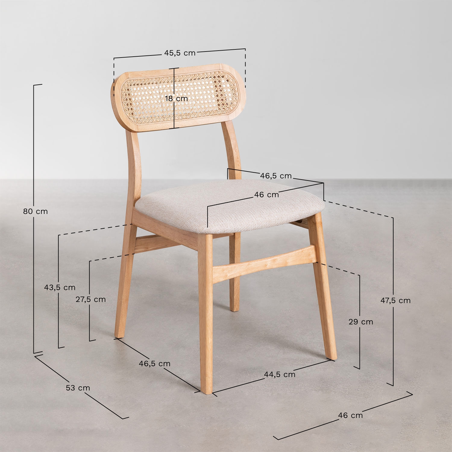 Leivel gestoffeerde eetkamerstoel van stof en hout, AFMETINGEN