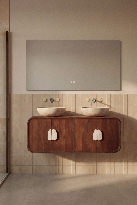 Dubbel zwevend badkamermeubelset 130x45 cm van mangohout en natuurlijke Kivalina-steen - Travertijn - Donker mangohout