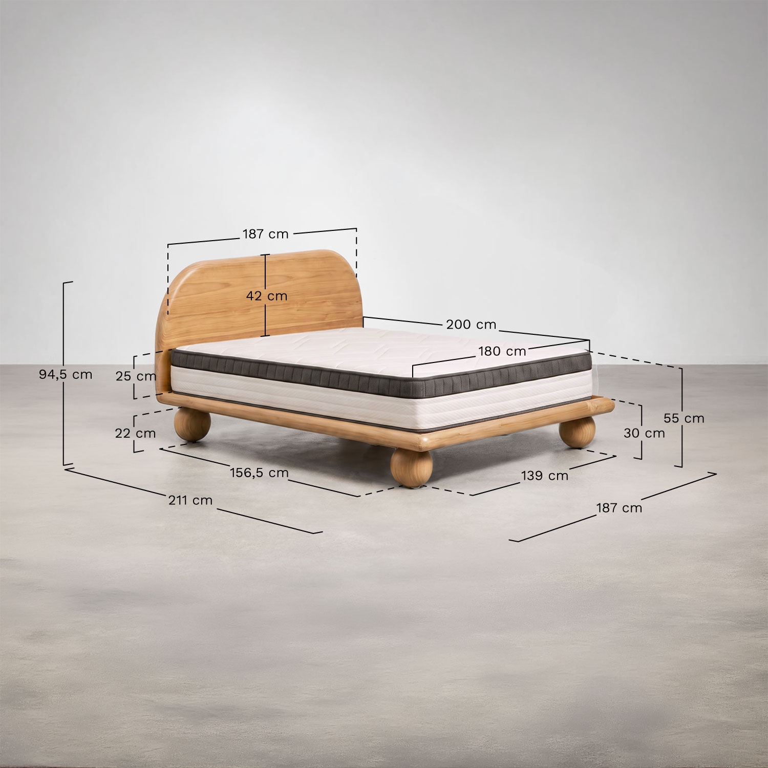 Bicheno mangohouten bed, AFMETINGEN