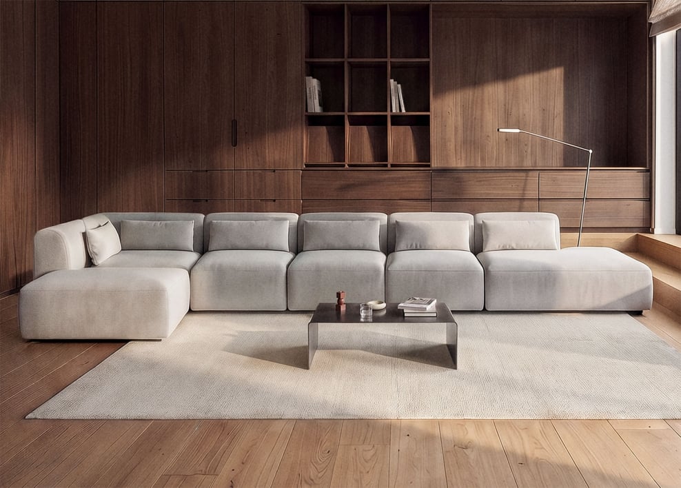 6-delige modulaire hoekbank met dubbele chaise longue Fogler - Stof Lichtgrijze