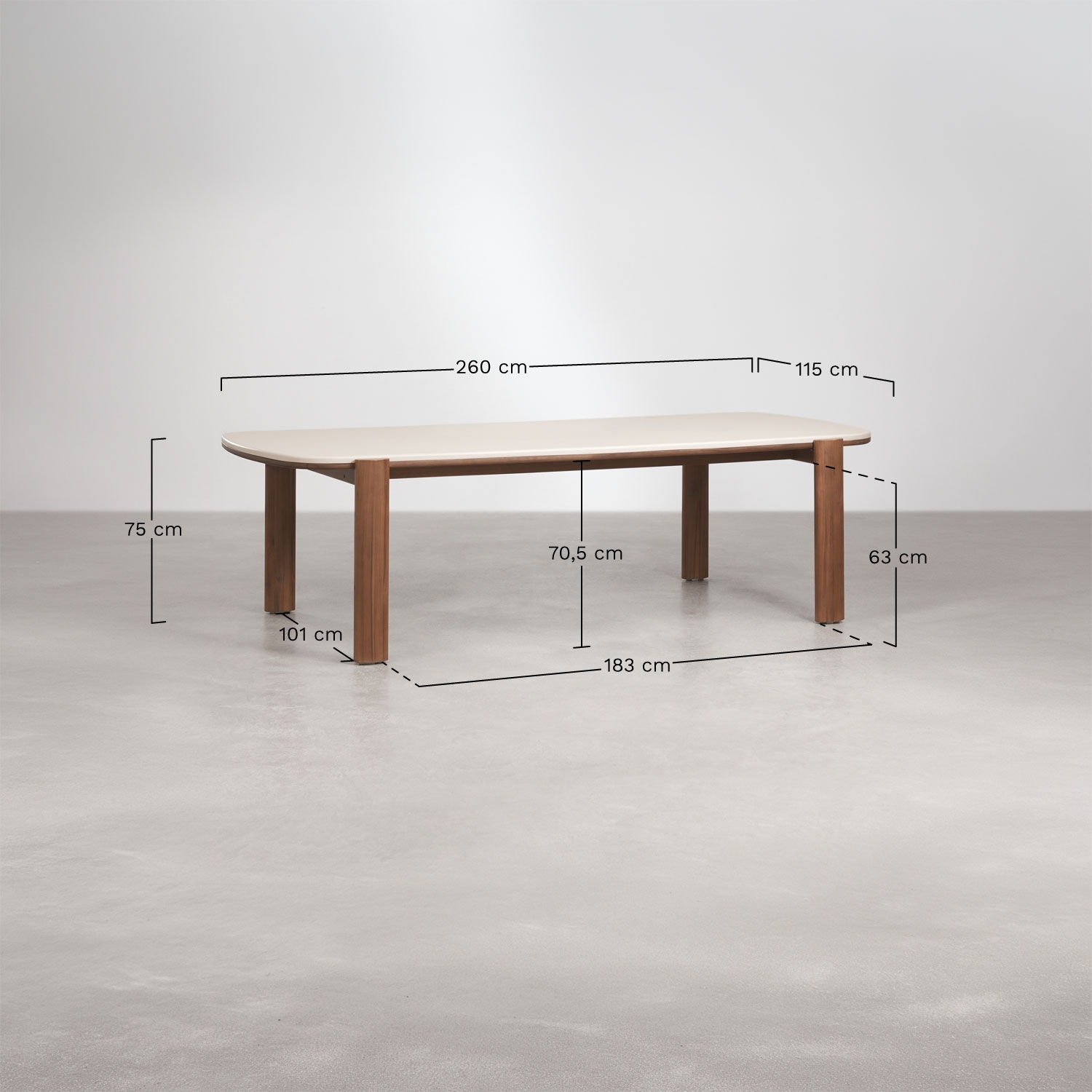 Rectangulaire eettafel 260x115 cm van acaciahout Vetra, AFMETINGEN