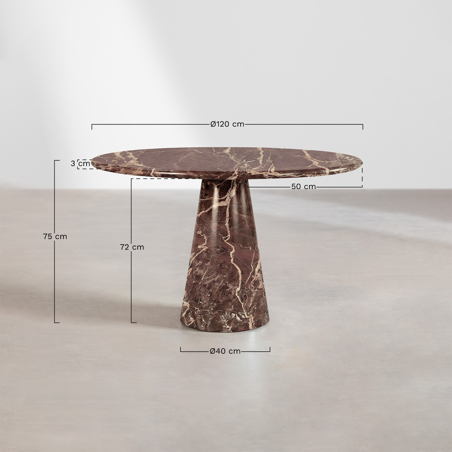 Ronde eettafel Ø120 cm in Alodia marmer, AFMETINGEN