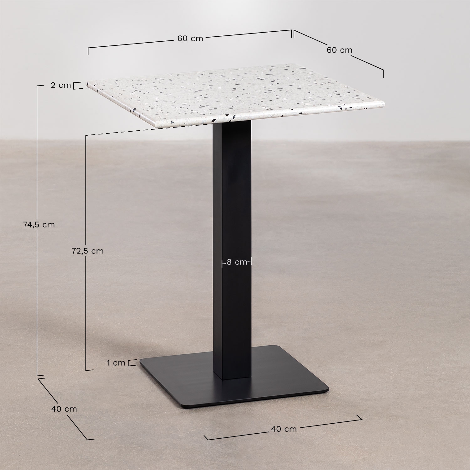 Vierkante bartafel 60x60 cm in terrazzo Livanto, AFMETINGEN