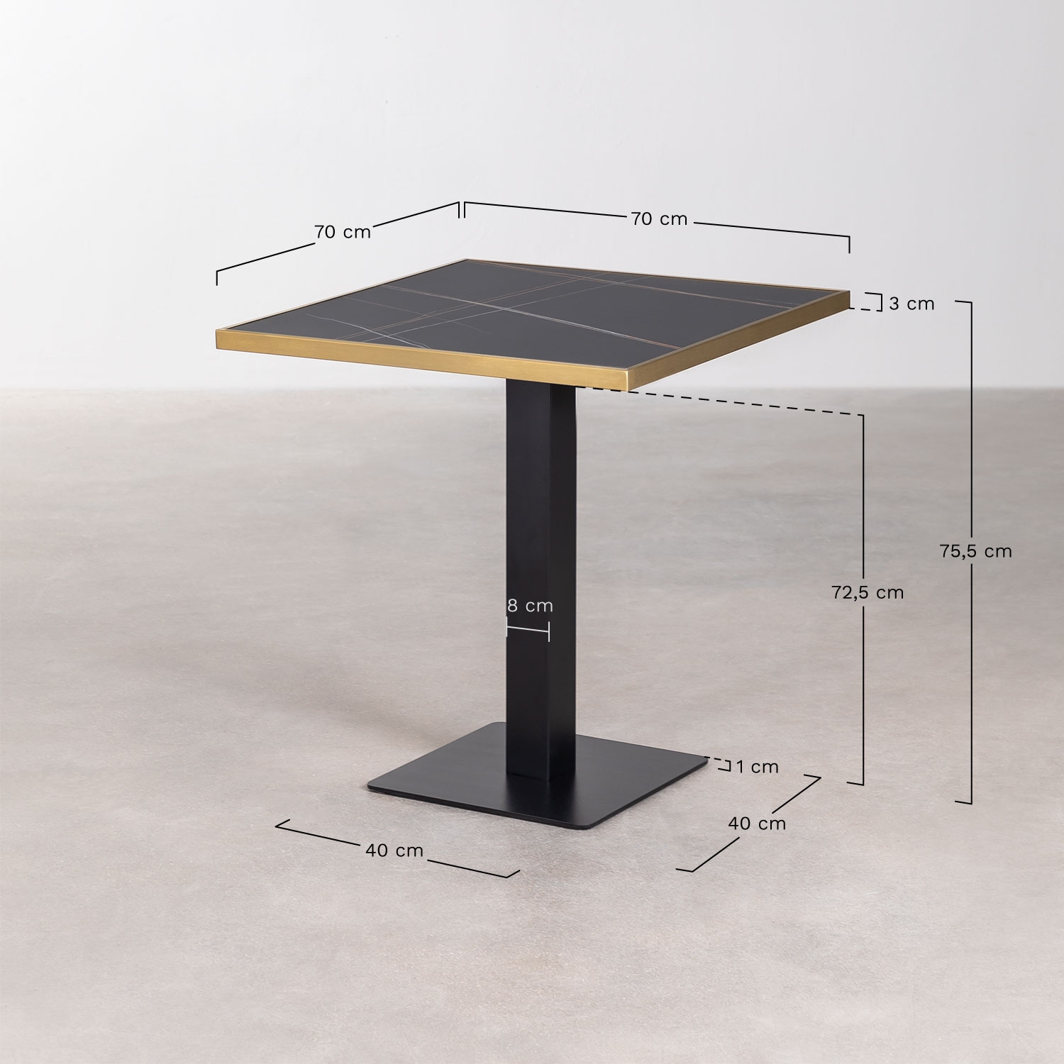 Vierkante bartafel 70x70 cm in stoneware Livanto, AFMETINGEN