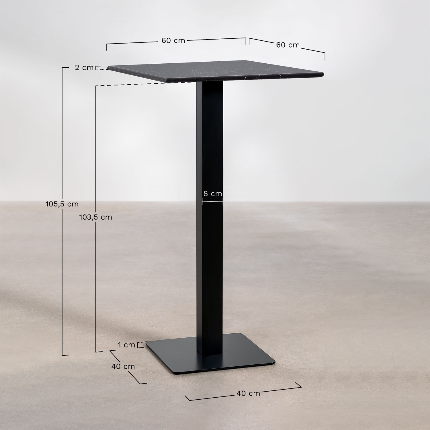 Vierkante hoge barkruktafel 60x60 cm in Livanto marmer, AFMETINGEN