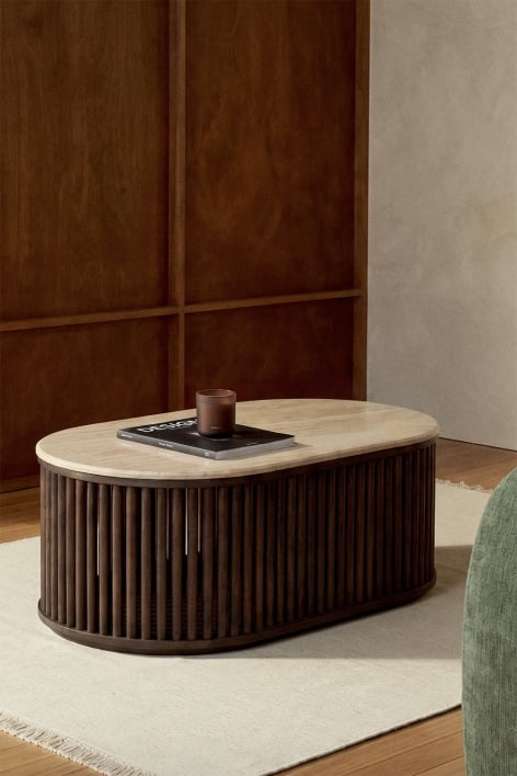 Ovalen salontafel 90x50 cm van mangohout en natuursteen Talix