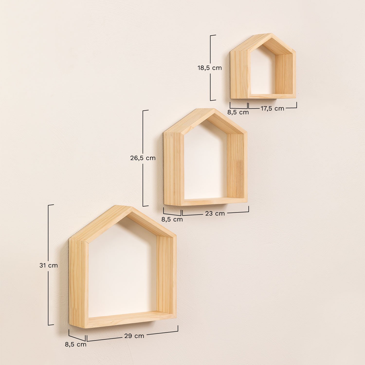 Set van 3 grenenhouten wandplanken Menlo Kids, AFMETINGEN