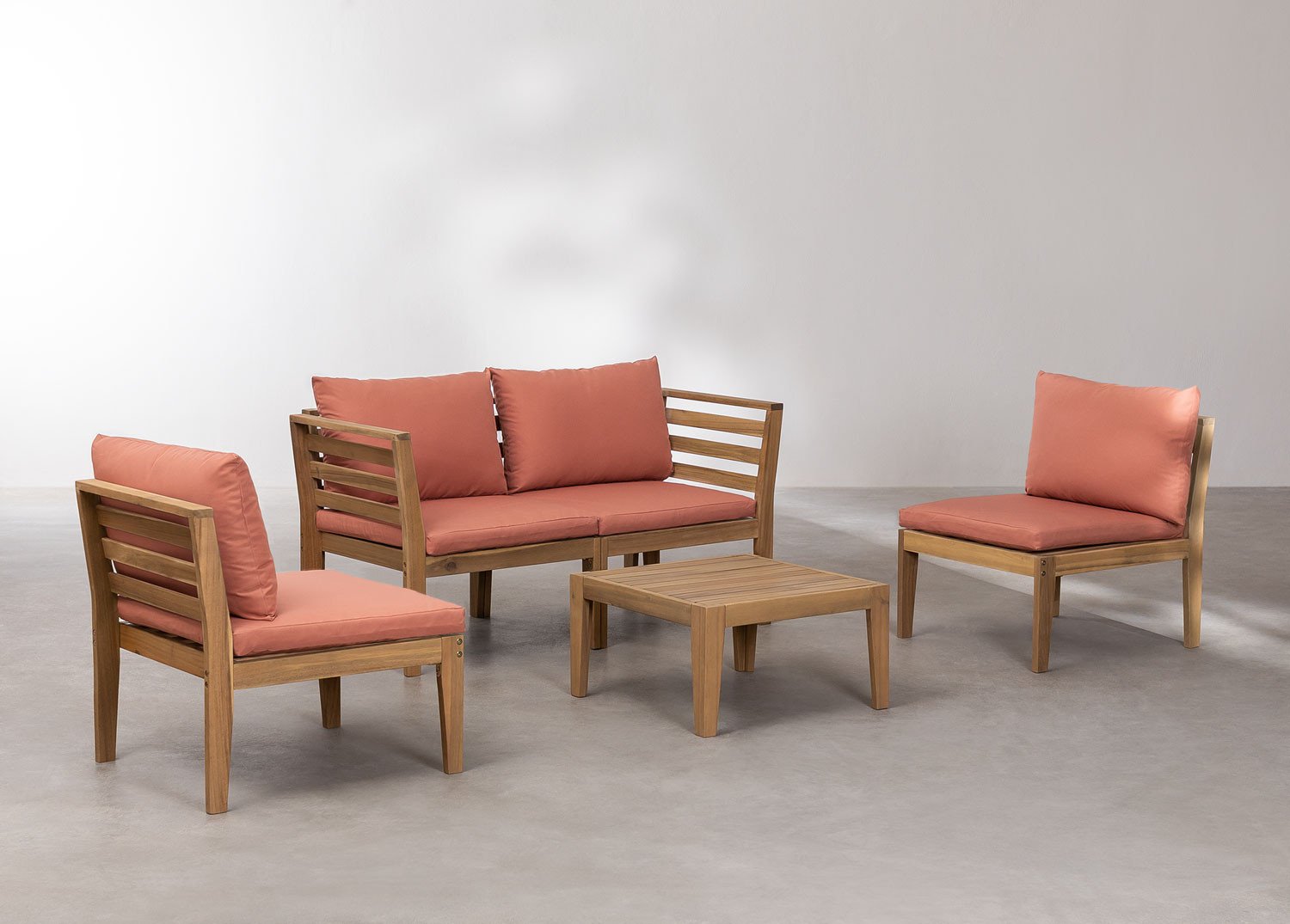 Tuinset met 4-delige modulaire bank met armleuningen en salontafel in Filips acaciahout        , galerij beeld 2