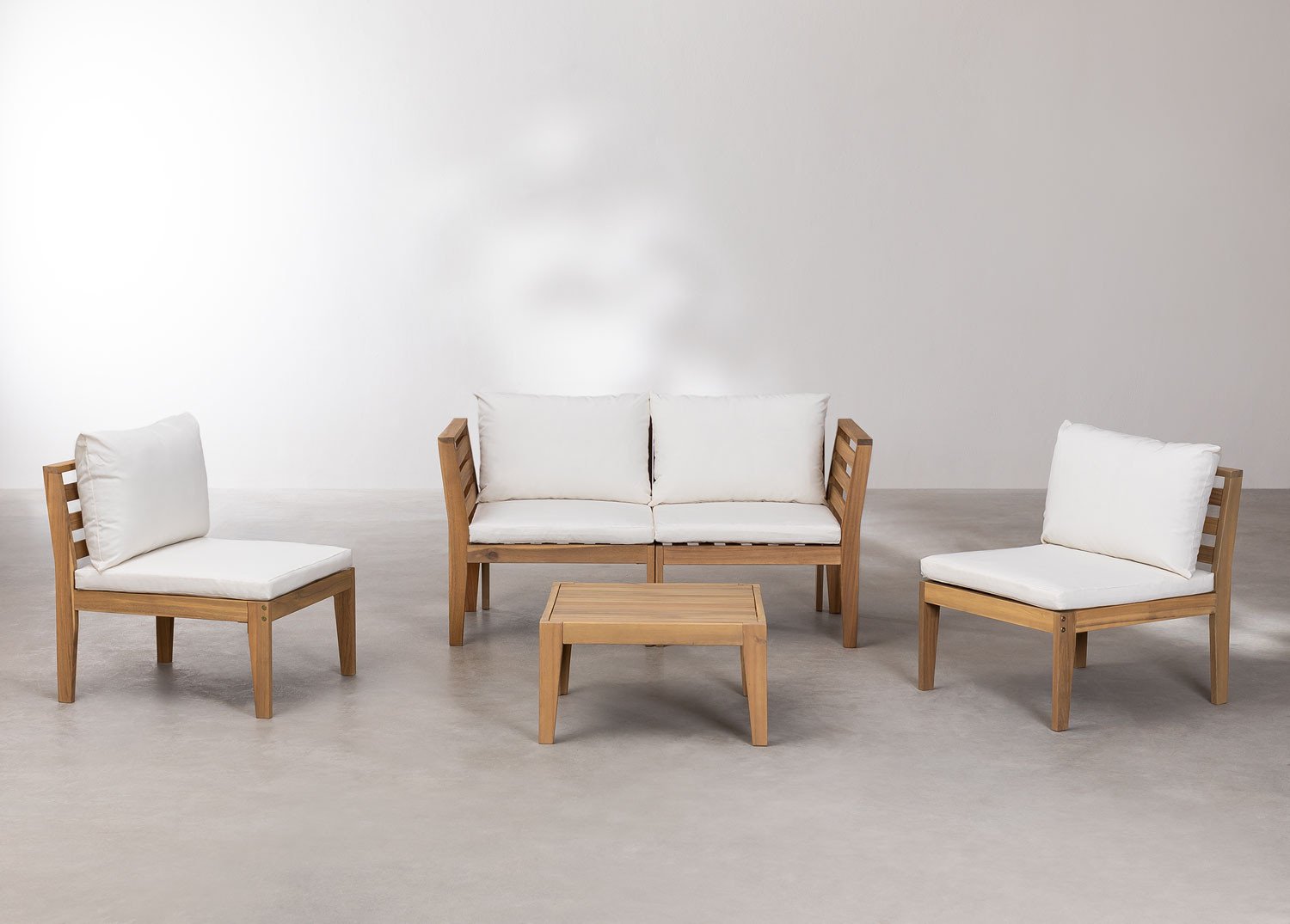 Tuinset met 4-delige modulaire bank met armleuningen en salontafel in Filips acaciahout        , galerij beeld 3