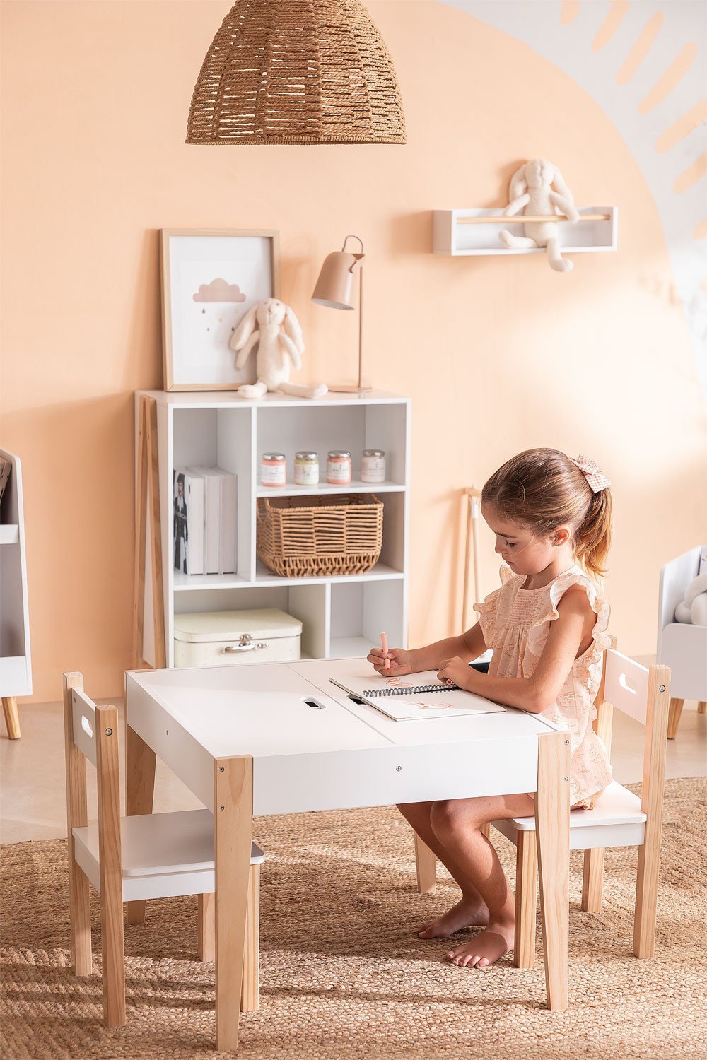 Van toepassing Op en neer gaan Denken Leisteen tafelset met opbergruimte en 2 houten stoelen Belfy Kids - SKLUM