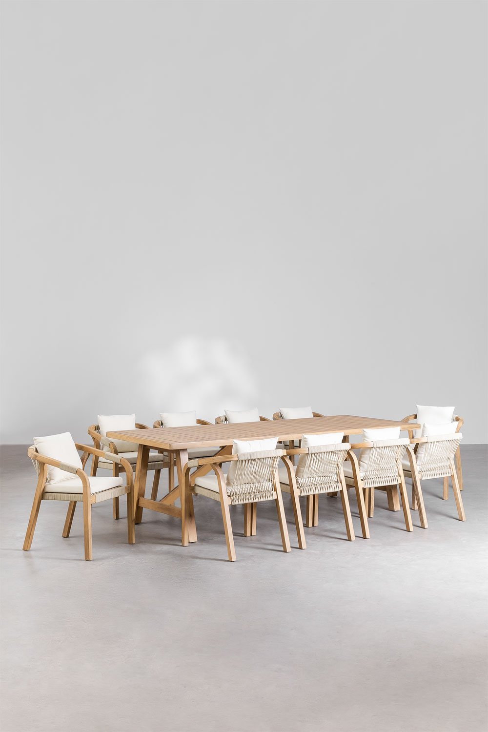 Set van rechthoekige tafel (260x100 cm) en 10 eetkamerstoelen van acaciahout Dubai , galerij beeld 1