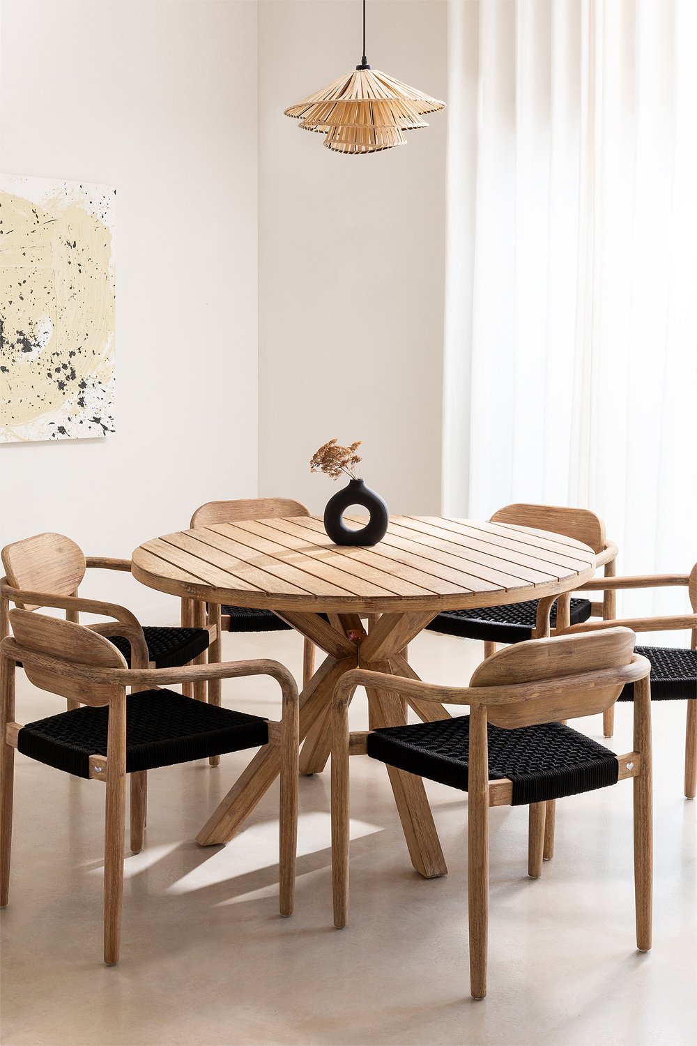 Ronde tafelset (Ø120 cm) en 6 eetkamerstoelen met armleuningen in hout Naele, galerij beeld 1