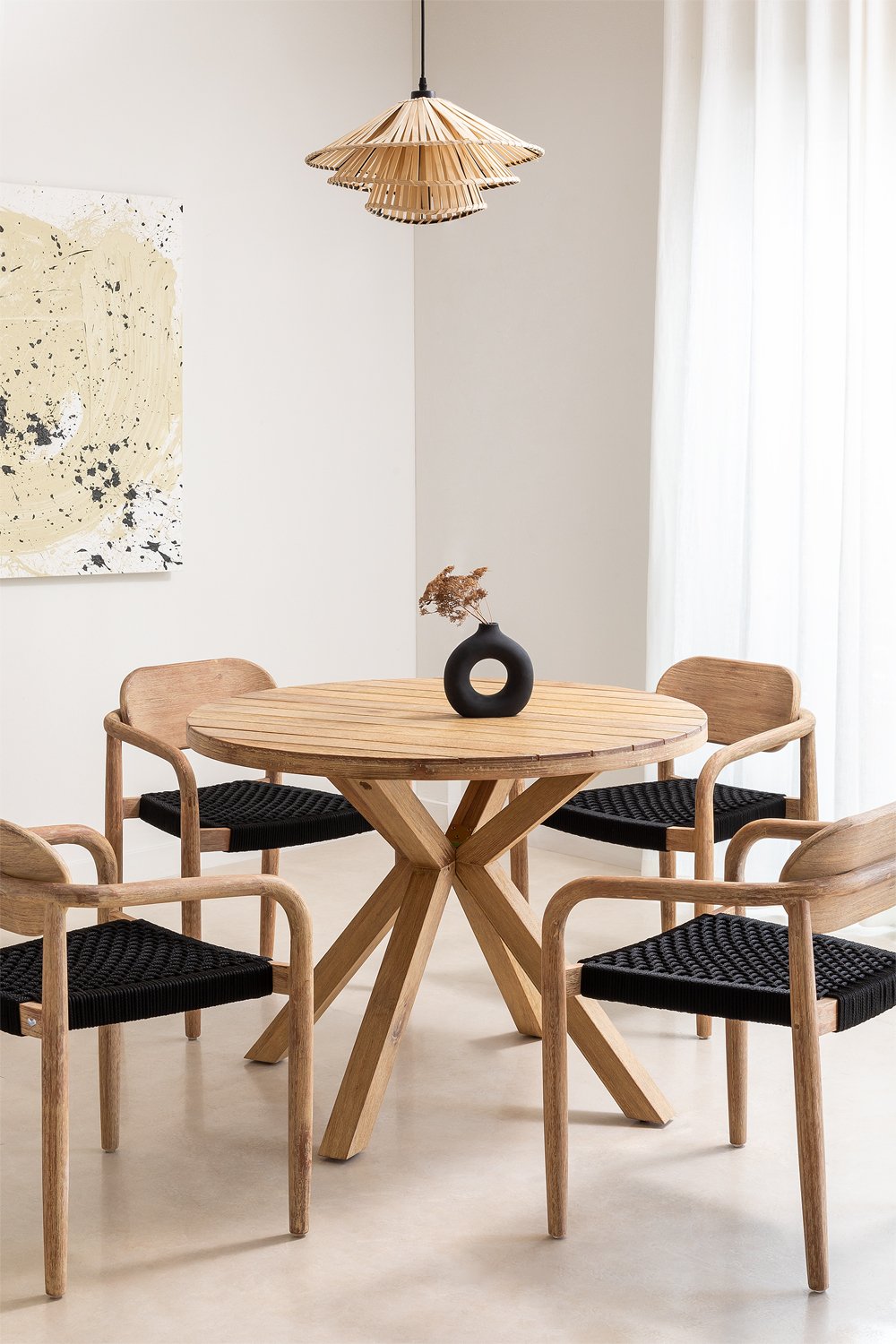 Ronde tafelset (Ø100 cm) en 4 eetkamerstoelen met armleuningen in hout Naele , galerij beeld 1