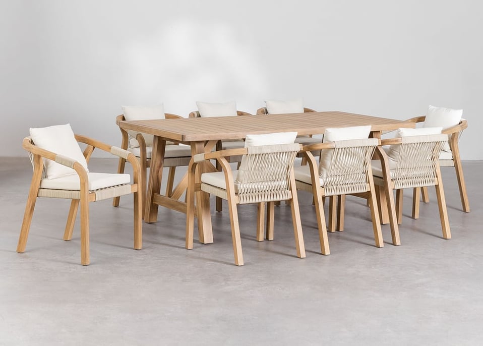 Set van rechthoekige tafel (200x100 cm) en 8 eetkamerstoelen van acaciahout Dubai 