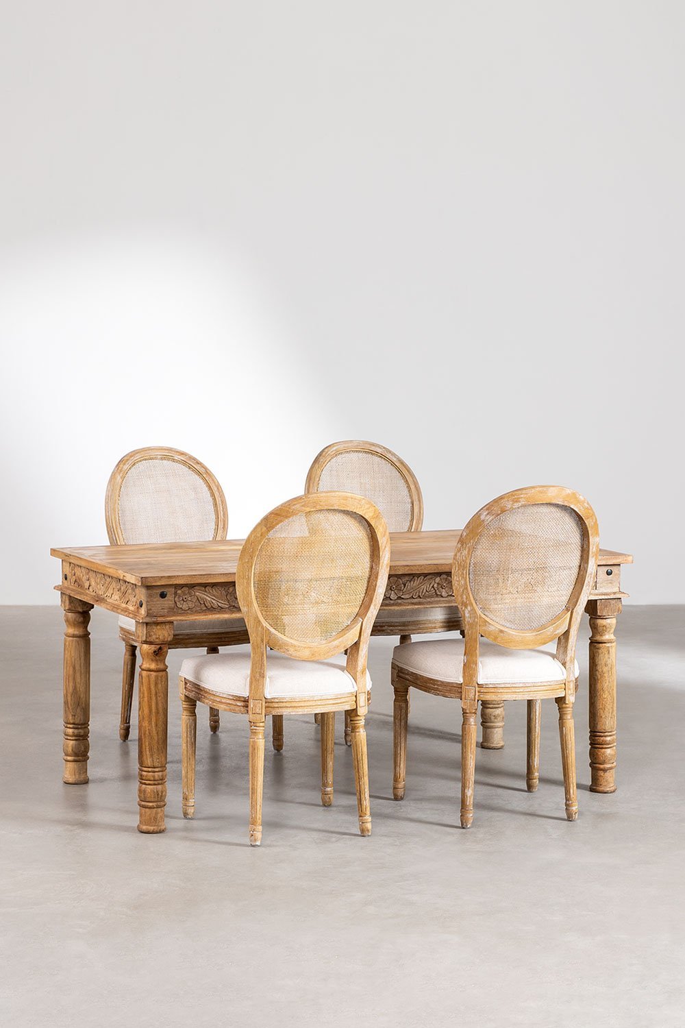 Rechthoekige mangohouten tafelset Taraz (160x90 cm) en 4 stoffen eetkamerstoelen Sunna, galerij beeld 2