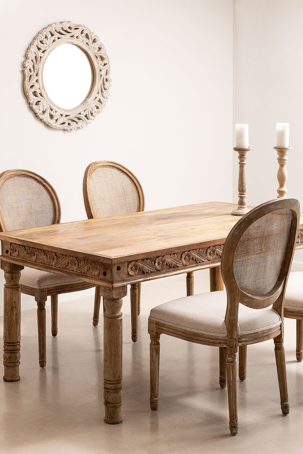 Rechthoekige mangohouten tafelset Taraz (160x90 cm) en 4 stoffen eetkamerstoelen Sunna, galerij beeld 1
