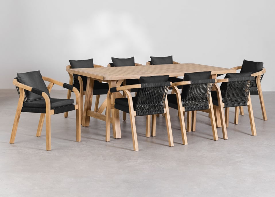 Set van rechthoekige tafel (200x100 cm) en 8 tuinstoelen in acaciahout Dubai