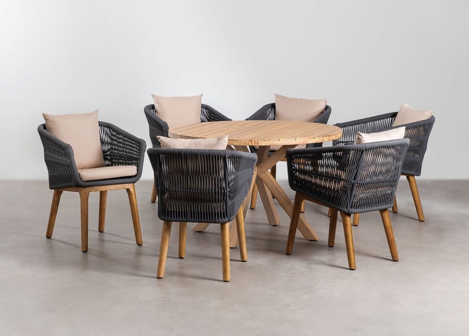 Set van ronde houten tafel (Ø120 cm) Naele en 6 Barker eetkamerstoelen