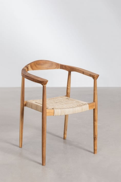 Set van 4 eetkamerstoelen met armleuningen in rotan en teakhout Kiemer