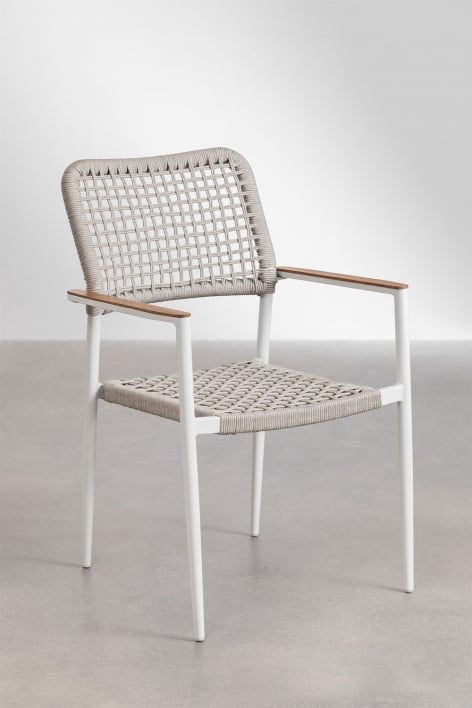 Set van 4 stapelbare tuinstoelen met armleuningen in aluminium en gevlochten touw Nediam