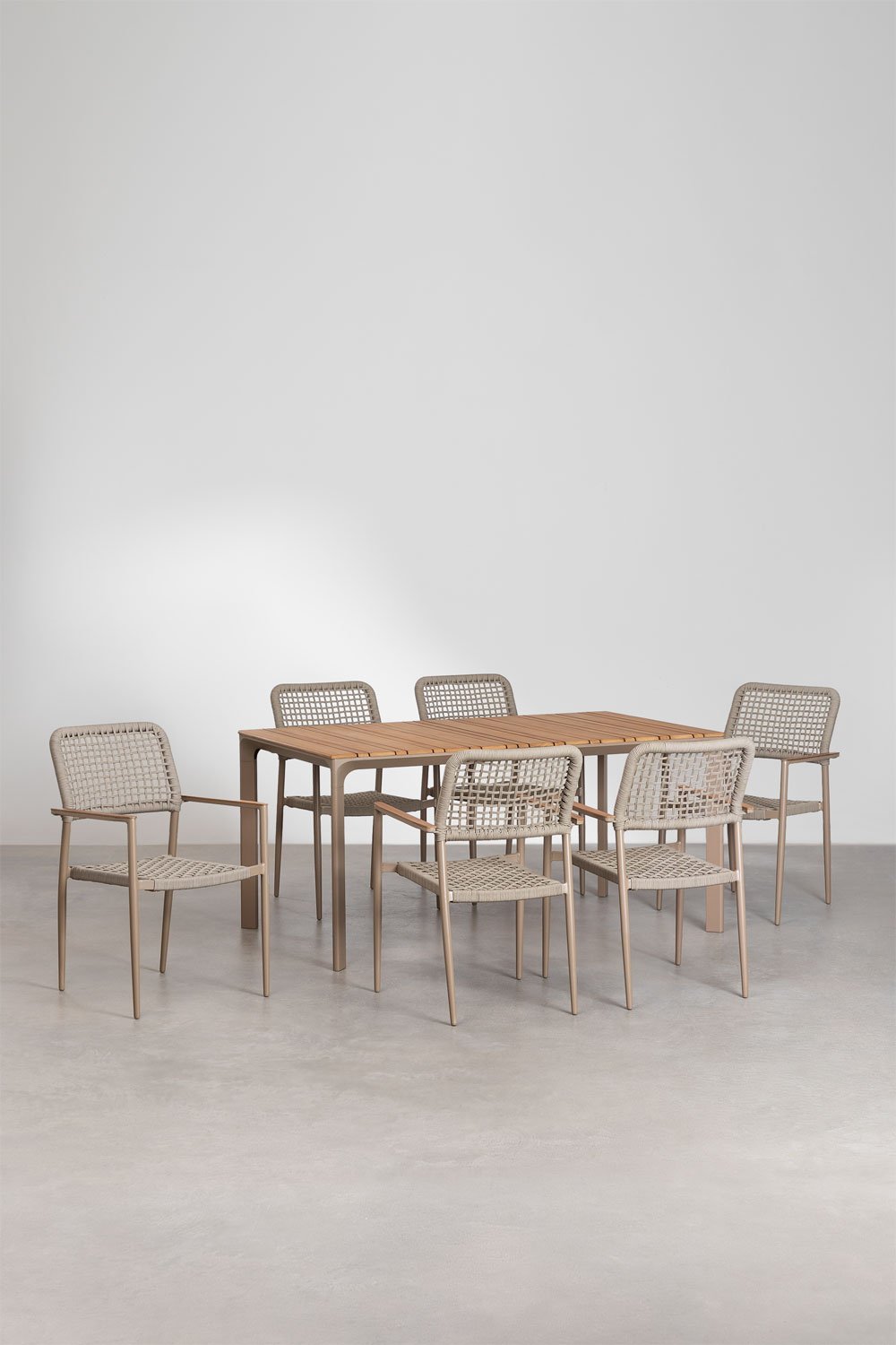 Rechthoekige eettafelset 160x90 cm van aluminium en teakhout Katiana en 6 stapelbare stoelen van aluminium en gevlochten touw Ne, galerij beeld 2