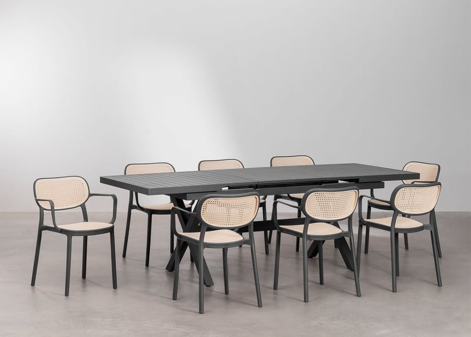 Uitschuifbare rechthoekige tafelset 180-240x90 cm Karena en 8 tuinstoelen met armleuningen in aluminium Omara