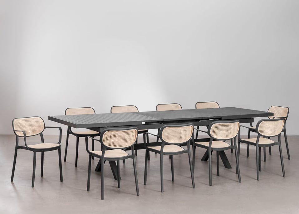 Set van uitschuifbare rechthoekige tafel 240-300x100 cm Karena en 10 tuinstoelen met armleuningen in aluminium Omara