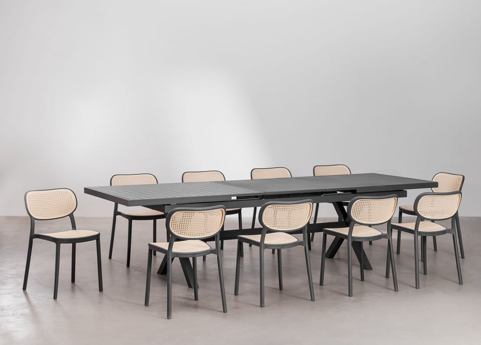 Rechthoekige uitschuifbare tafelset 240-300x100 cm Karena en 10 tuinstoelen in aluminium Omara