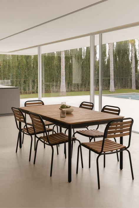 Rechthoekige tafelset (160x90 cm) en 6 stapelbare eetkamerstoelen in staal en acacia-artushout