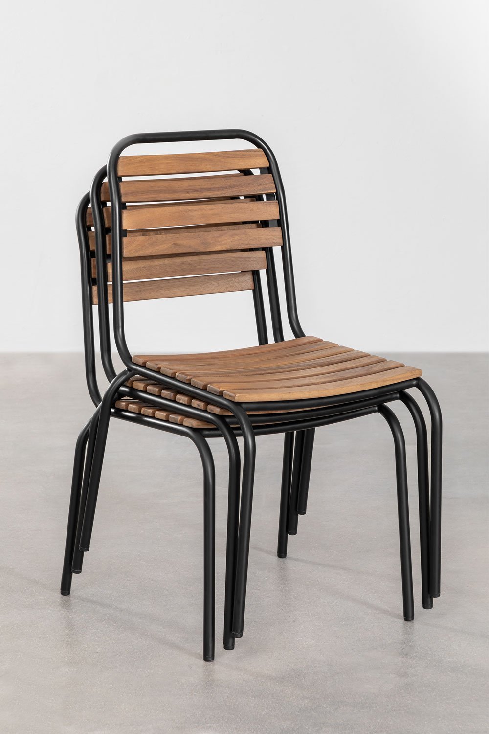 Set van 6 stapelbare eetkamerstoelen in staal en acaciahout Artus, galerij beeld 9