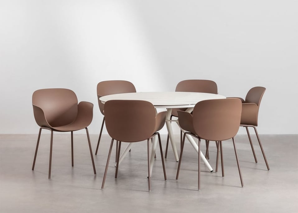 Ronde tafelset Ø125 cm in aluminium Valerie en 6 tuinstoelen in polypropyleen en staal Lynette