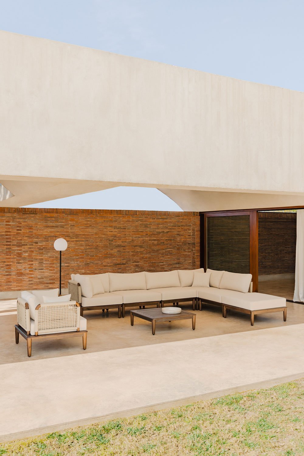 5-delige modulaire hoekbank voor de tuin met salontafel, bladerdeeg en fauteuil in acaciahout Brayan  , galerij beeld 1