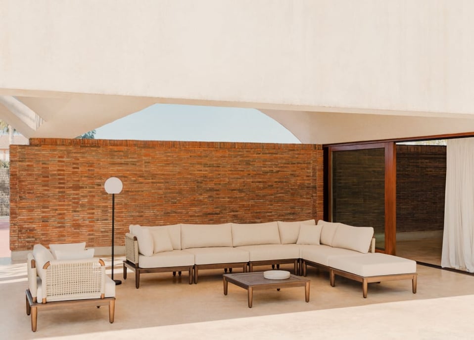 5-delige modulaire hoekbank voor de tuin met salontafel, bladerdeeg en fauteuil in acaciahout Brayan  
