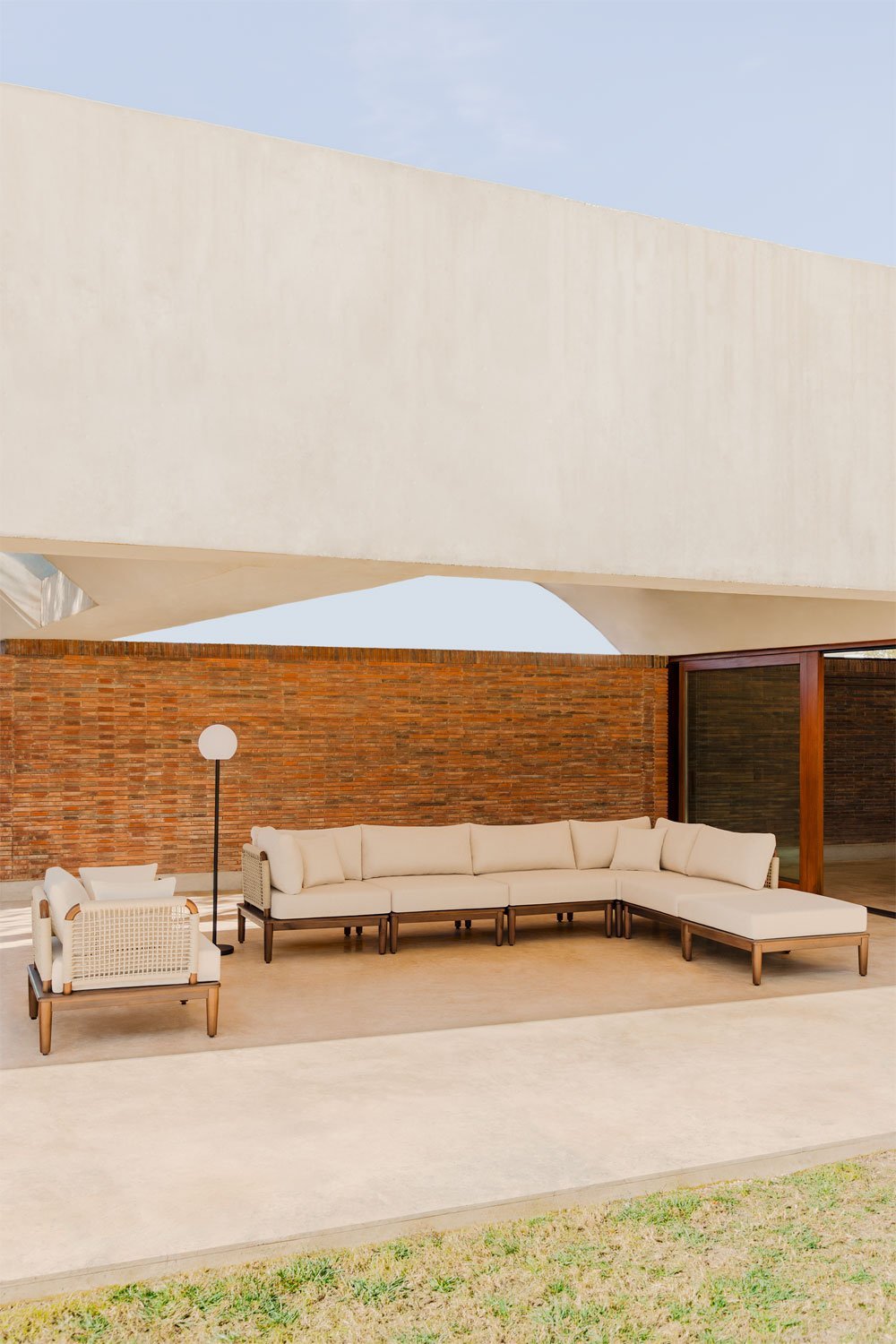 5-delige modulaire tuinhoekbank met bladerdeeg en fauteuil in acaciahout Brayan , galerij beeld 1