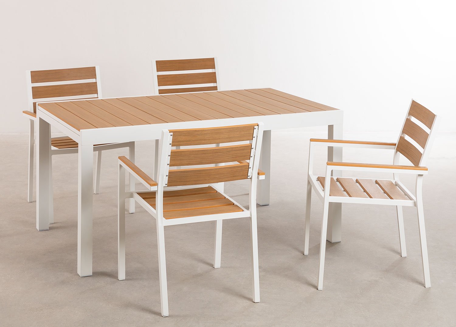 Set uitschuifbare rechthoekige aluminium tafel (150-197x90 cm) en 4 stapelbare tuinstoelen met Saura armleuningen, galerij beeld 2