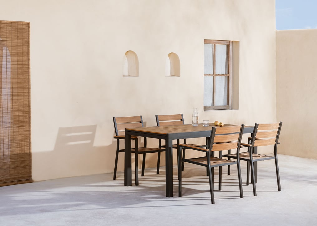 Set uitschuifbare rechthoekige aluminium tafel (150-197x90 cm) en 4 stapelbare tuinstoelen met Saura armleuningen, galerij beeld 1