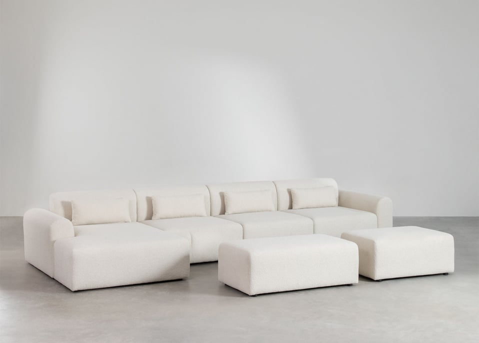 Modulaire bank met linker chaise longue, 4-delig met 2 poefs in teddystof Borjan