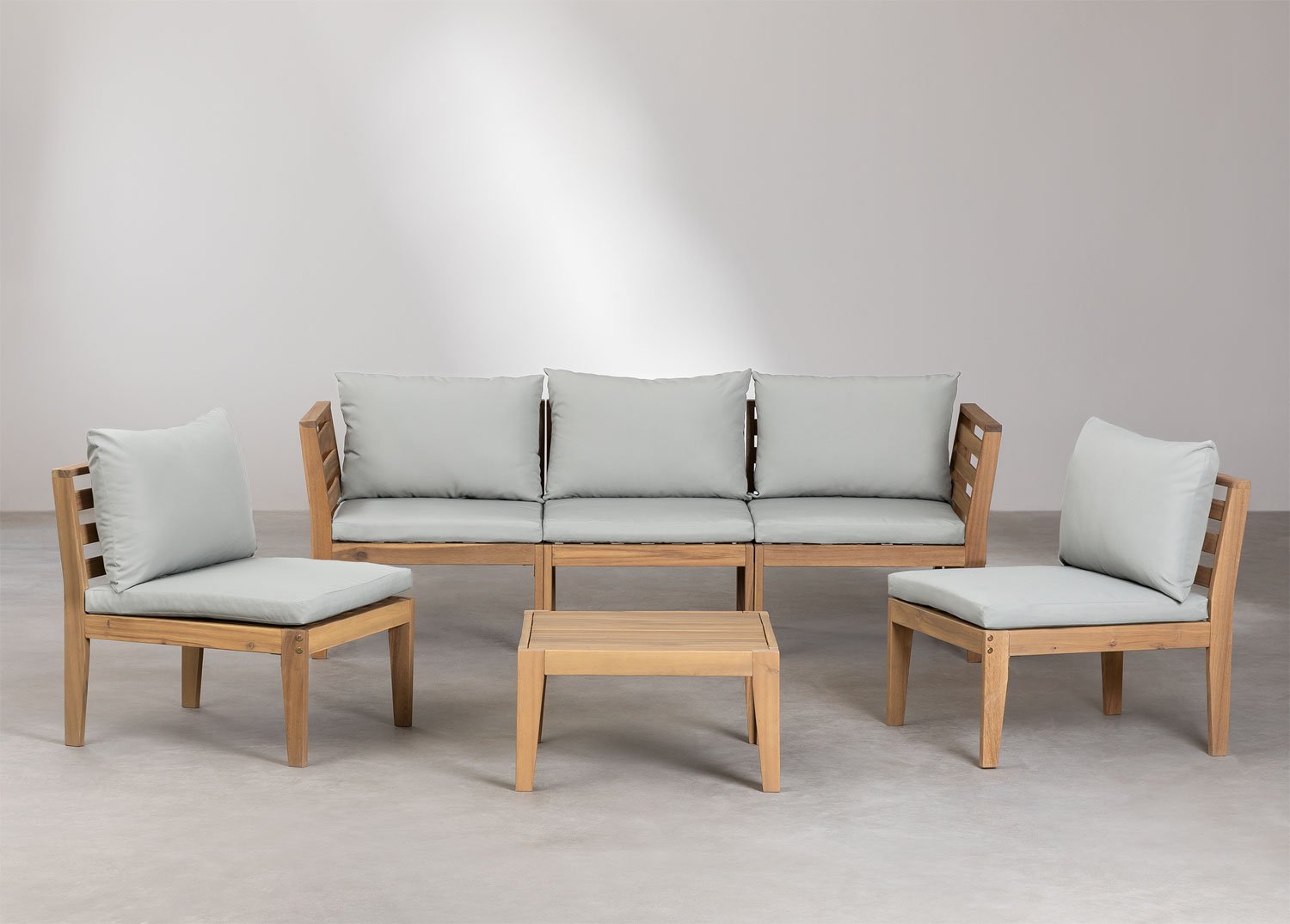 Tuinset met 5-delige modulaire bank met armleuningen en salontafel in Filips acaciahout   , galerij beeld 3