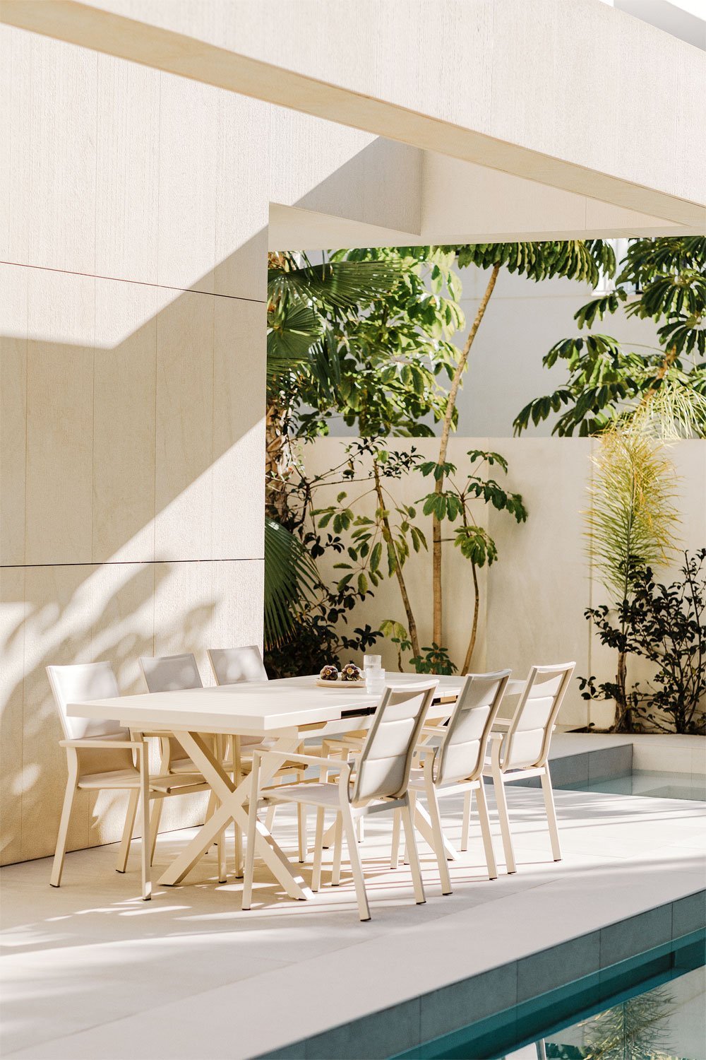 Uitschuifbare rechthoekige tuintafelset (180-240x90 cm) en 6 stapelbare aluminium tuinstoelen Karena, galerij beeld 1