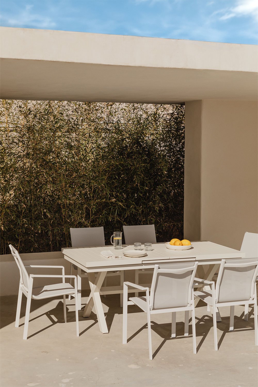 Aluminium rechthoekige uitschuifbare tuintafelset (180-240x90 cm) Karena en 6 Eika tuinstoelen, galerij beeld 1