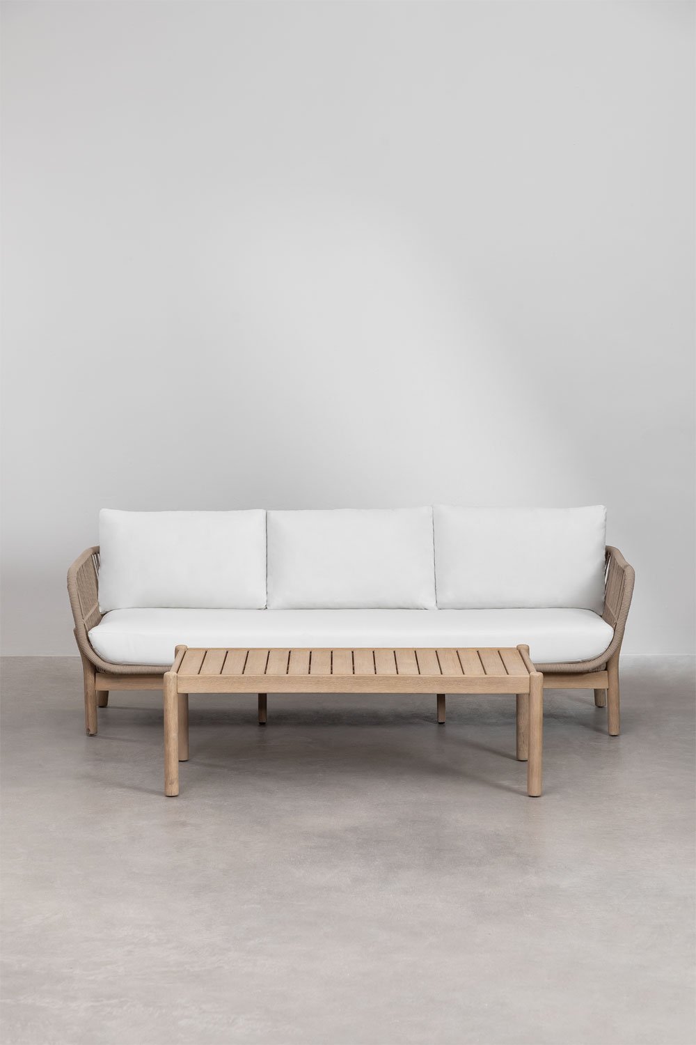 Karvia 3-zits tuinset en rechthoekige salontafel in aluminium en acaciahout (120x60 cm), galerij beeld 1