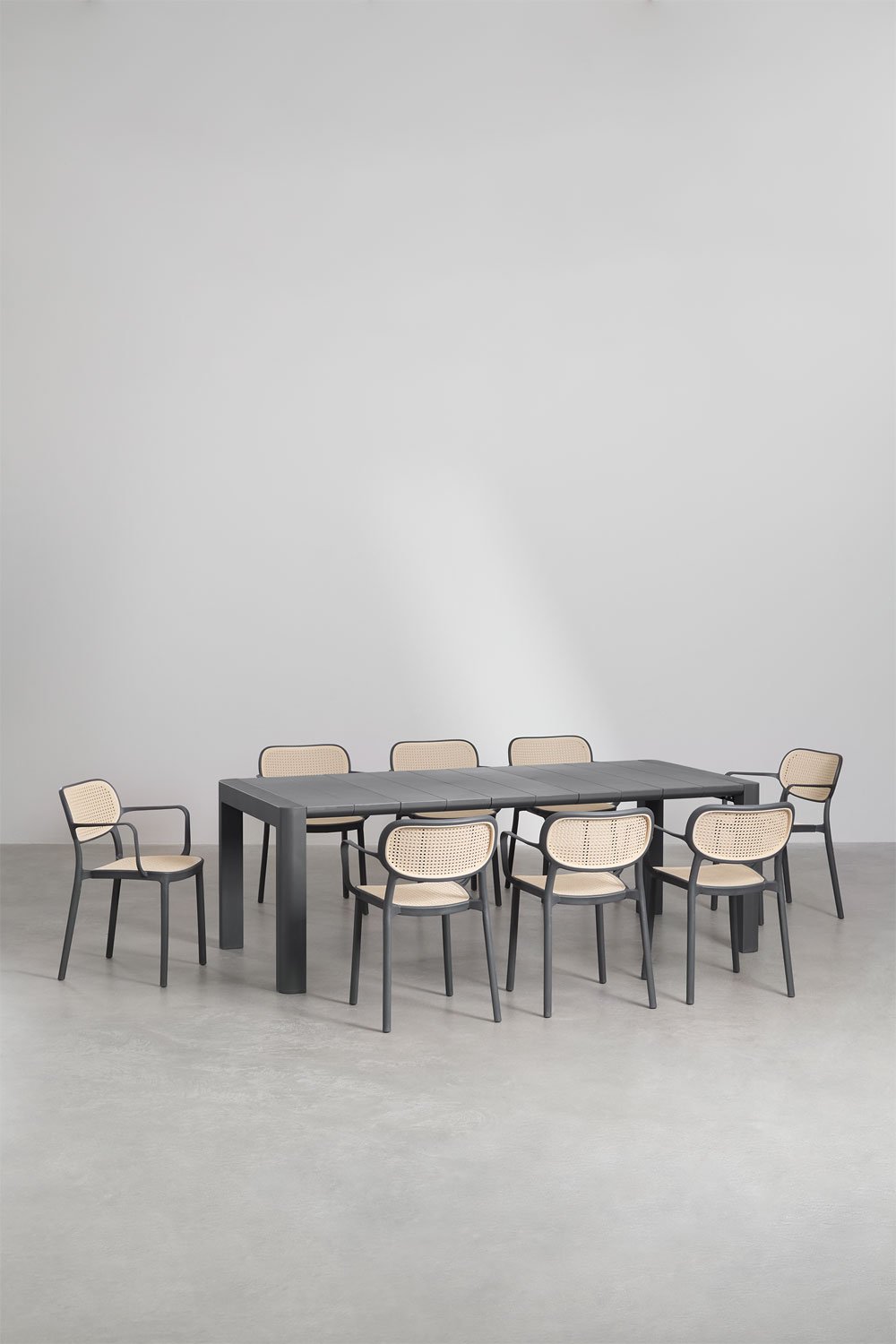Arnadine rechthoekige tafelset (220x100 cm) en 8 stapelbare eetkamerstoelen met Omara armleuningen, galerij beeld 1