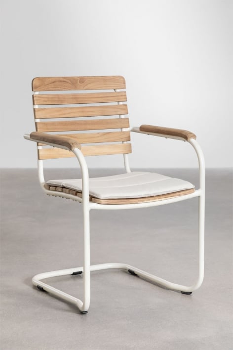 Set van 4 eetkamerstoelen met armleuningen in teakhout en aluminium Lowel
