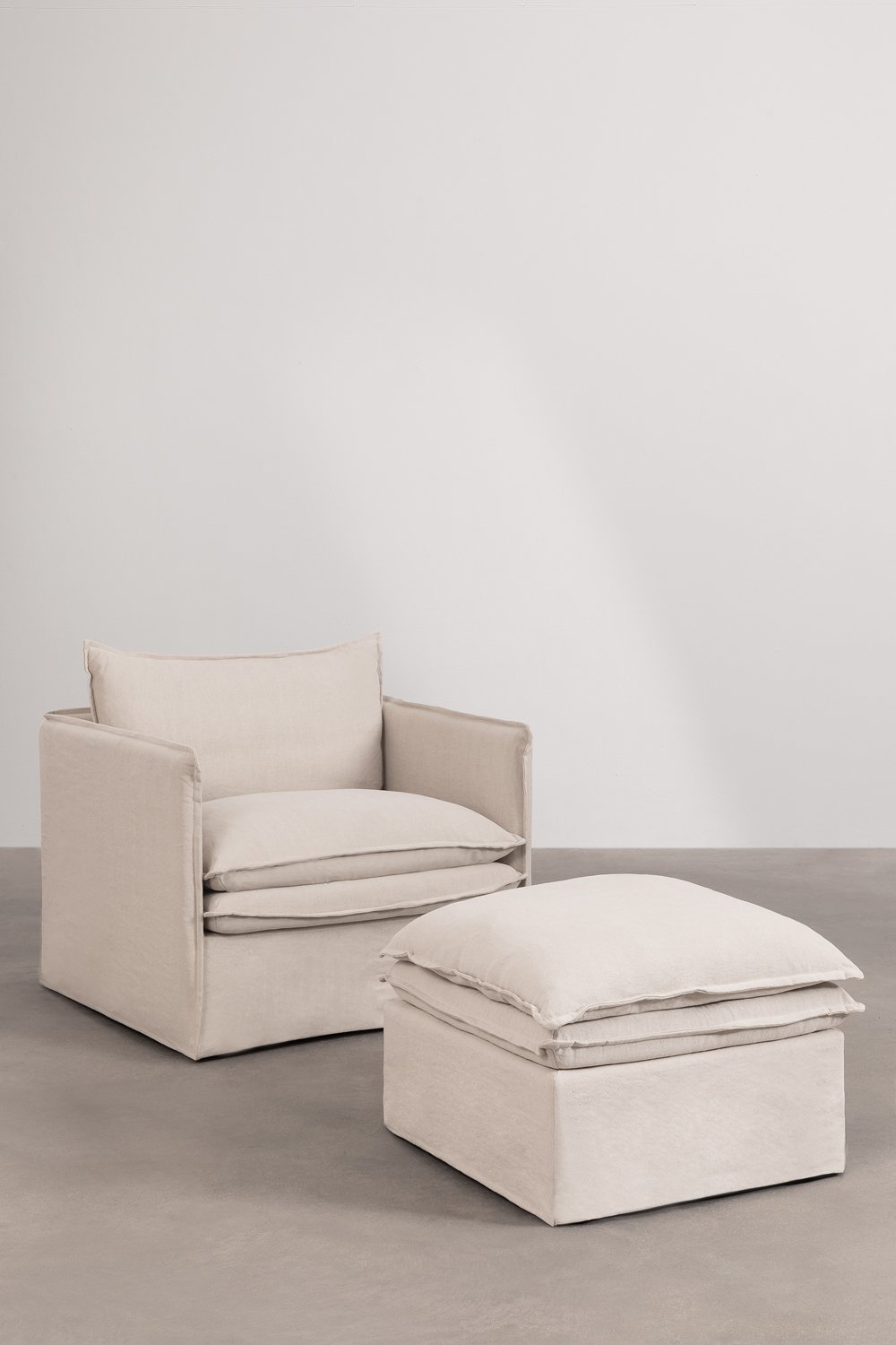 Grace linnen en katoenen loungeset met fauteuil en poef, galerij beeld 3